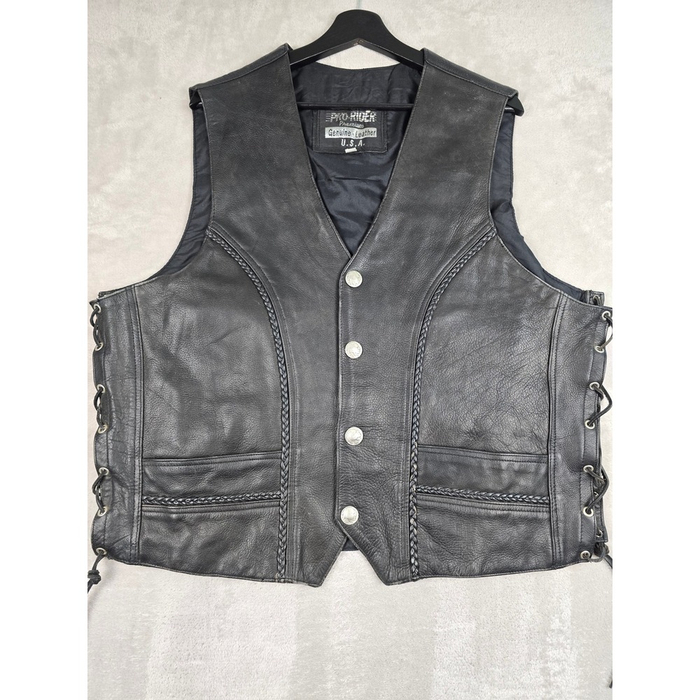 Pro-Rider Premium Leather Biker Vest Mens 50 Black Buffalo Buttons Side Lace Up